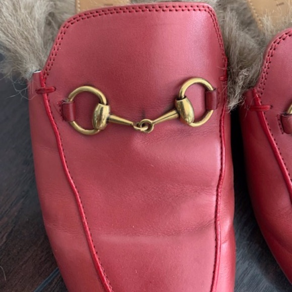 Gucci Red Leather Fur Princetown Mules Shoes 37 - Picture 5 of 6